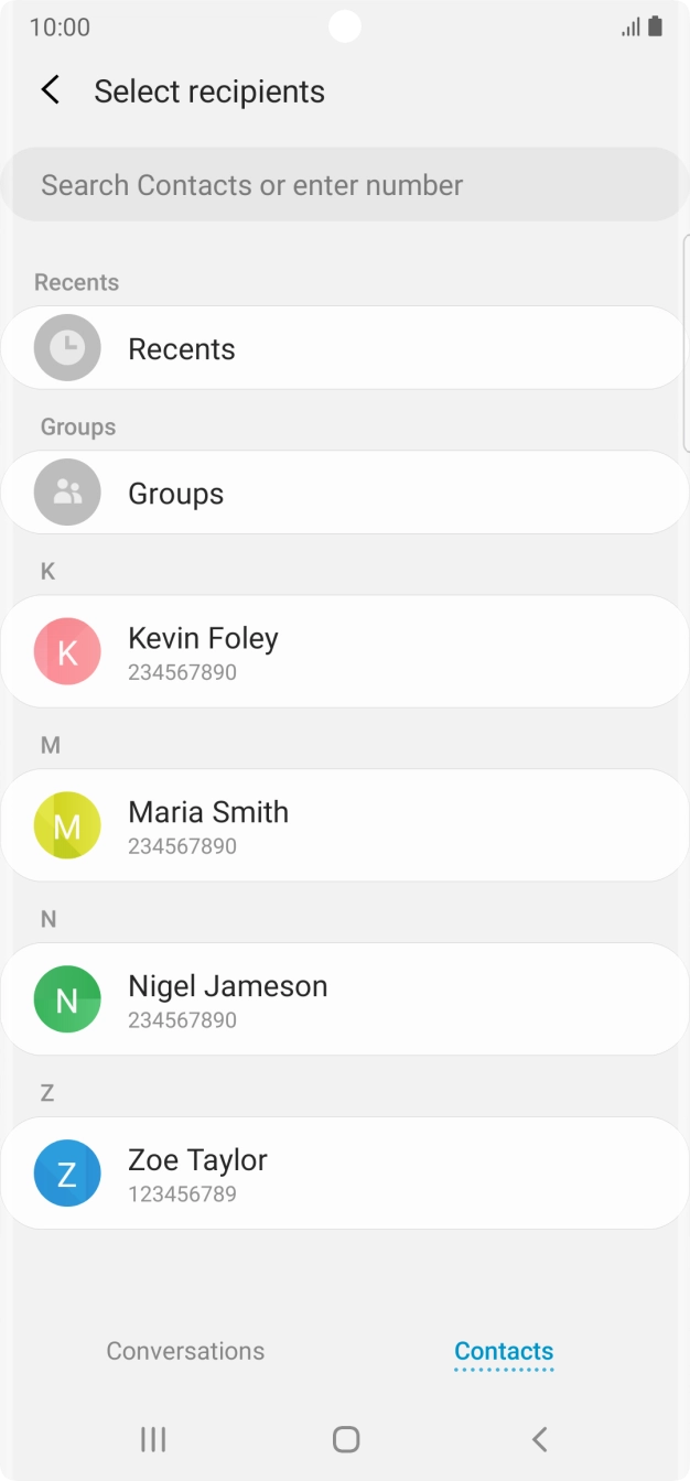Press the search field and key in the first letters of the recipient's name.