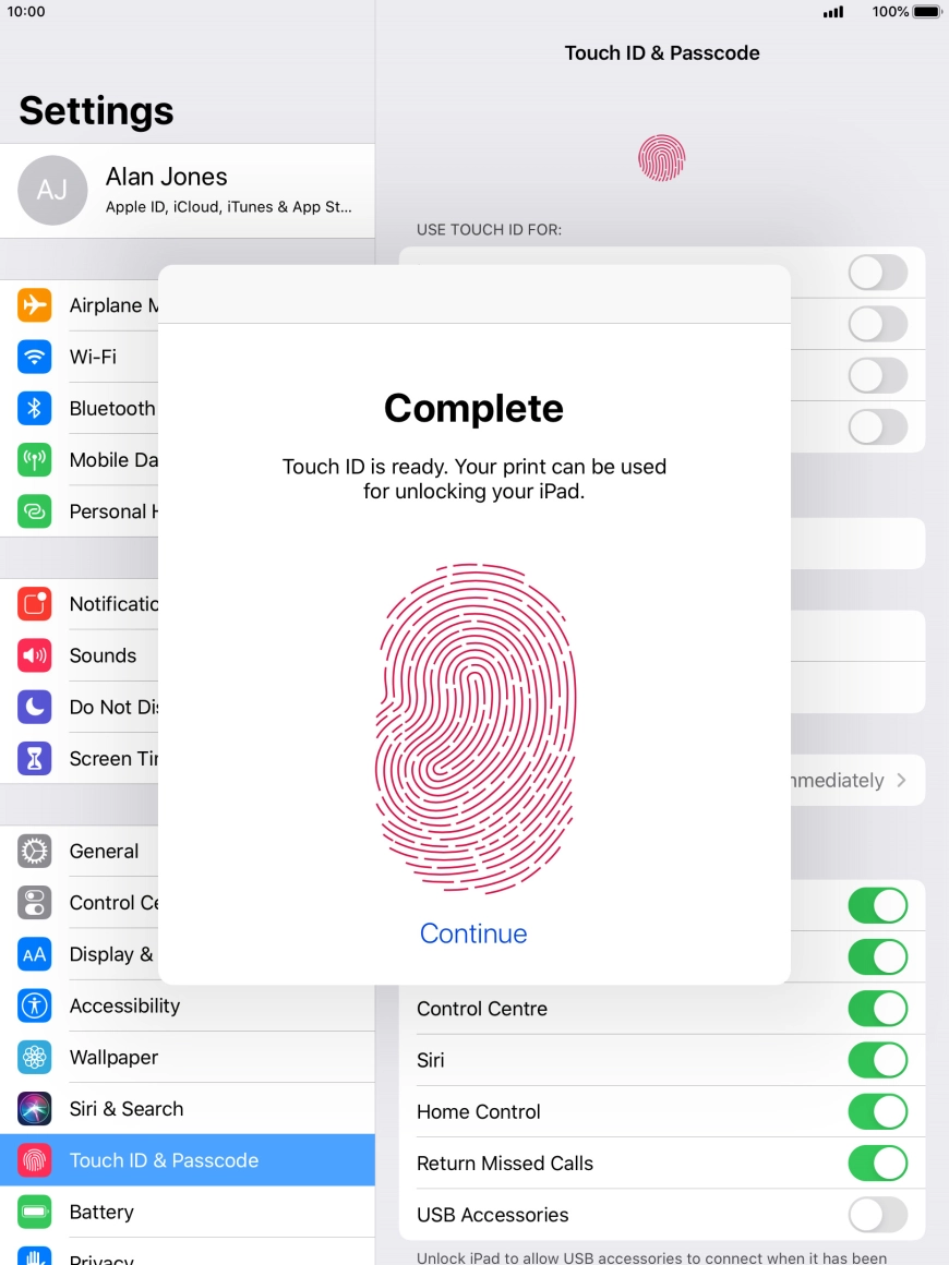 Press Continue. If you haven't previously selected a lock code, key in a code of your own choice twice.