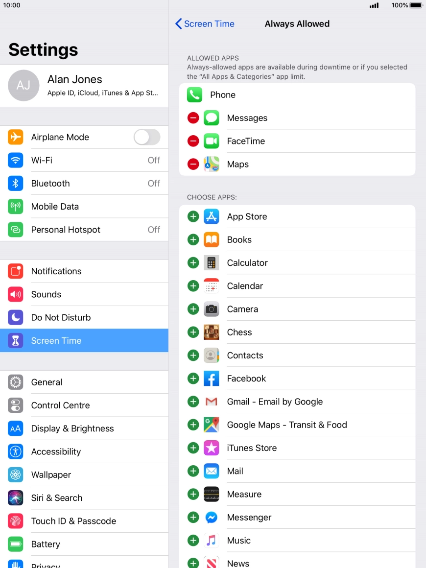 Press the add icon next to the required app to add it to the list of allowed apps during Downtime.