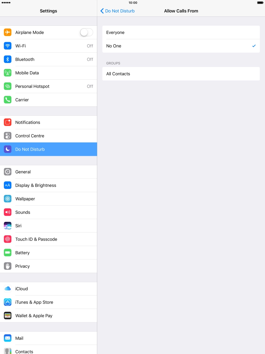 Press the required setting to select which contacts can call you even though Do Not Disturb is turned on.