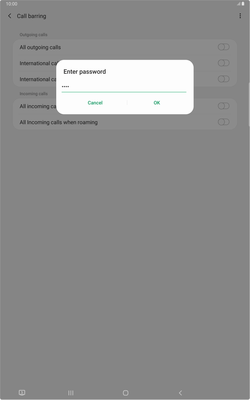 Key in your call barring password and press OK.