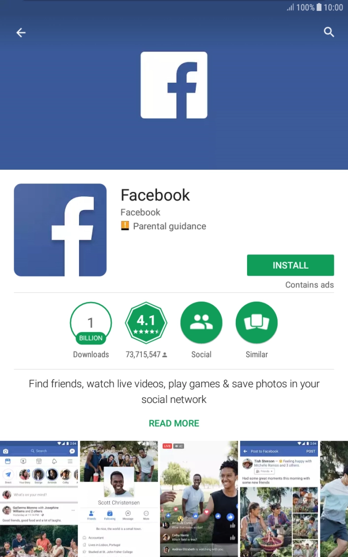 Press INSTALL and follow the instructions on the screen to install Facebook.