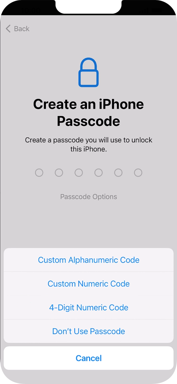 Follow the instructions on the screen to turn on use of phone lock code or press Don't Use Passcode.