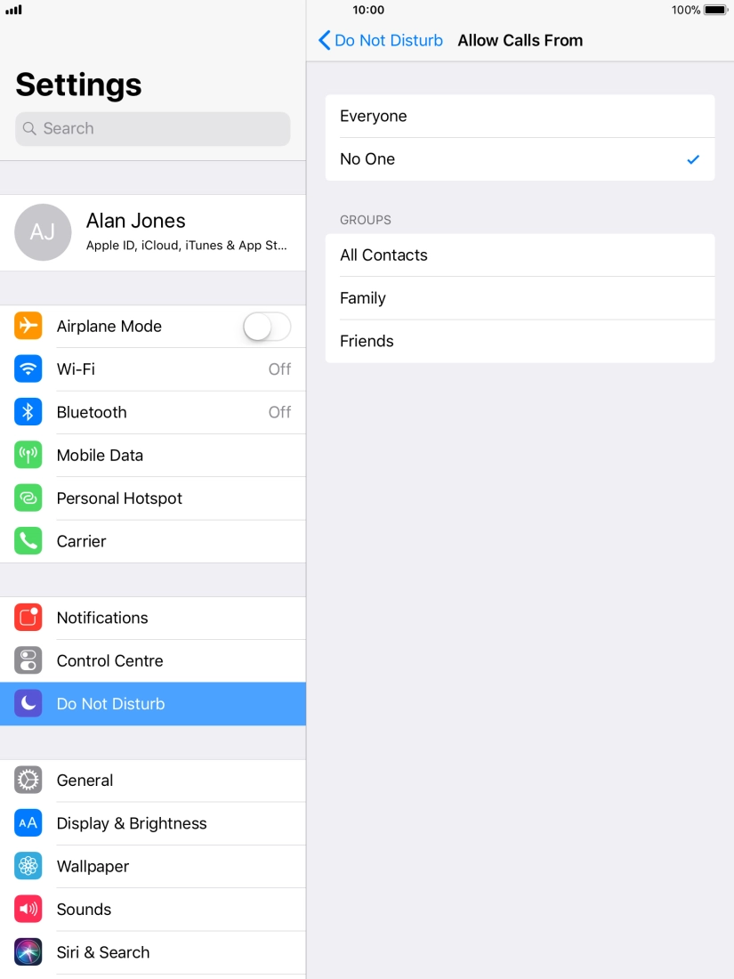 Press the required setting to select which contacts can call you even though Do Not Disturb is turned on. Press the required setting to select which contacts can call you even though Do Not Disturb is turned on.