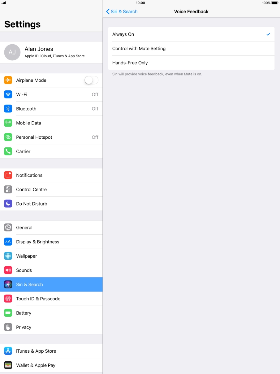 Press the required setting.
