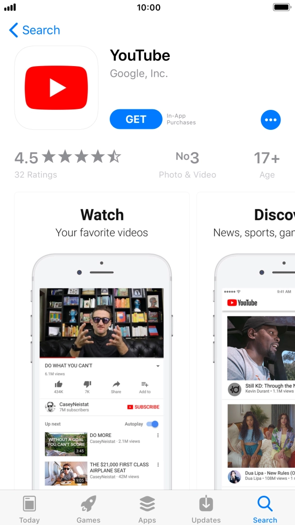 Press GET and follow the instructions on the screen to install YouTube.
