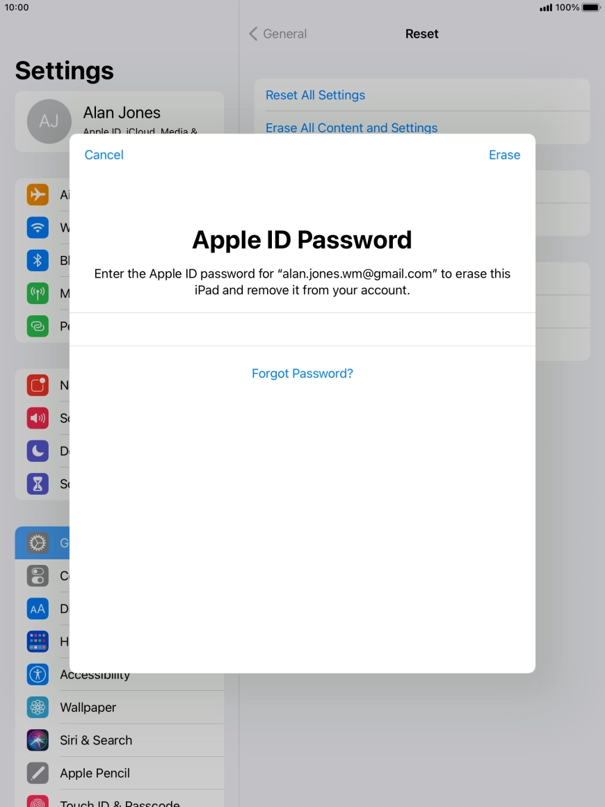 Key in the password for your Apple ID and press Erase. Wait a moment while the factory default settings are restored. Follow the instructions on the screen to set up your tablet and prepare it for use.