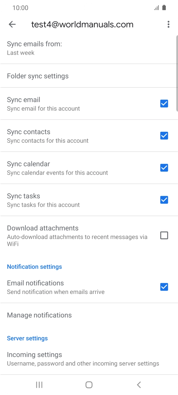 Press the fields next to the required data types to turn synchronisation on or off.