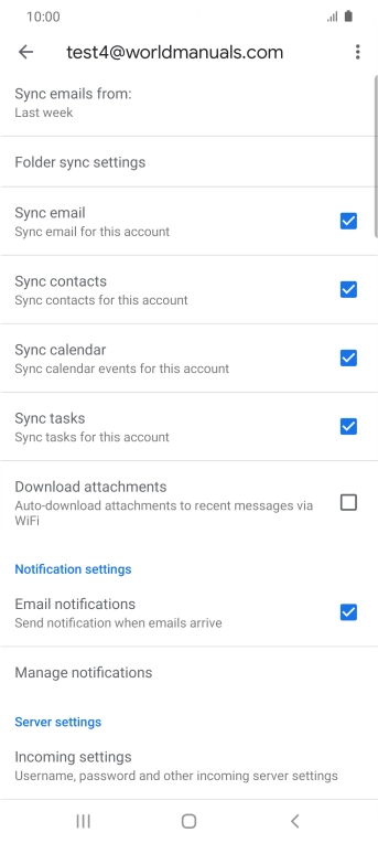 Press the fields next to the required data types to turn synchronisation on or off. Press the fields next to the required data types to turn synchronisation on or off.