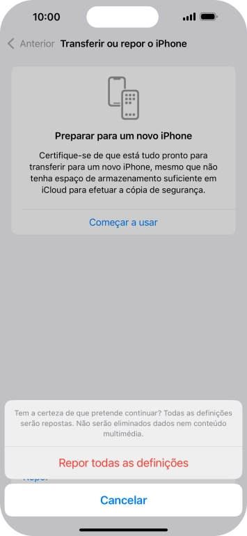 Prima Repor todas as definições. Aguarde um momento enquanto o telefone restabelece as definições originais. Siga as indicações no ecrã para configurar o telefone de modo que este fique pronto a ser utilizado.