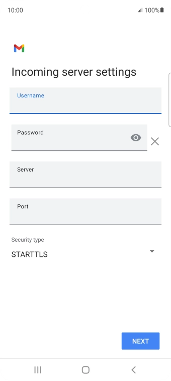Press the field below 'Server' and key in the name of your email provider's incoming server. Press the field below 'Server' and key in the name of your email provider's incoming server.