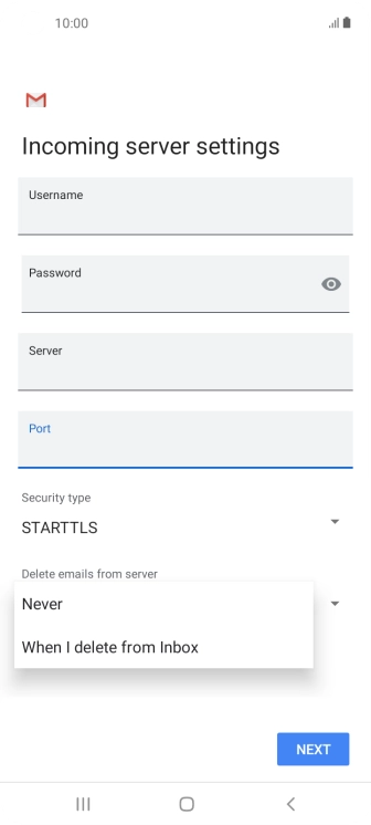 Press Never to keep emails on the server when you delete them on your phone. Press Never to keep emails on the server when you delete them on your phone.