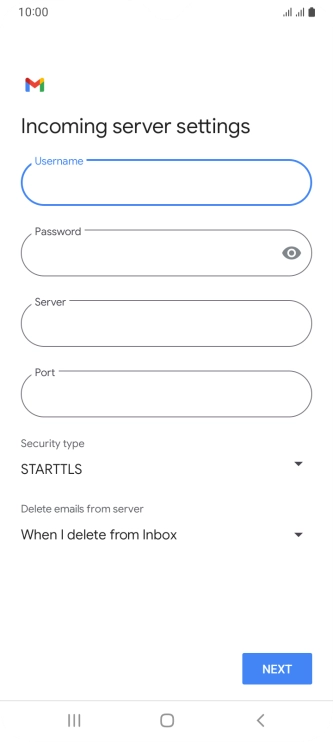 Press the field below 'Server' and key in the name of your email provider's incoming server. Press the field below 'Server' and key in the name of your email provider's incoming server.
