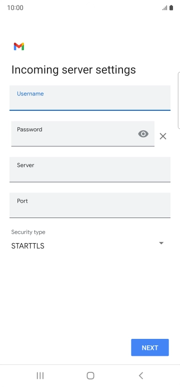 Press the field below 'Server' and key in the name of your email provider's incoming server. Press the field below 'Server' and key in the name of your email provider's incoming server.