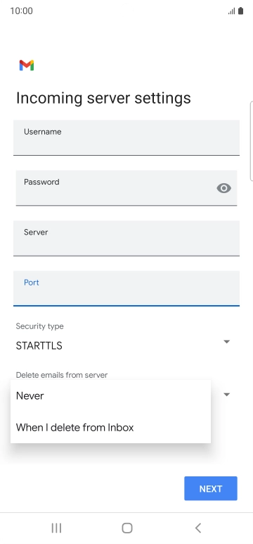 Press Never to keep emails on the server when you delete them on your phone. Press Never to keep emails on the server when you delete them on your phone.