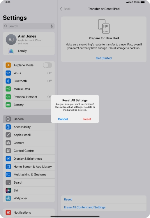 Press Reset. Wait a moment while the factory settings are restored. Follow the instructions on the screen to set up your tablet and prepare it for use.