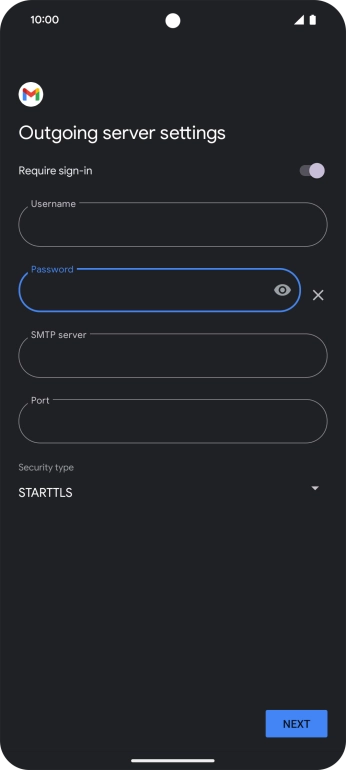 Press the field below 'SMTP server' and key in the name of your email provider's outgoing server. Press the field below 'SMTP server' and key in the name of your email provider's outgoing server.