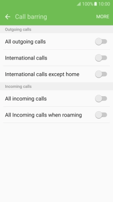 Press the indicator next to the required barring type.