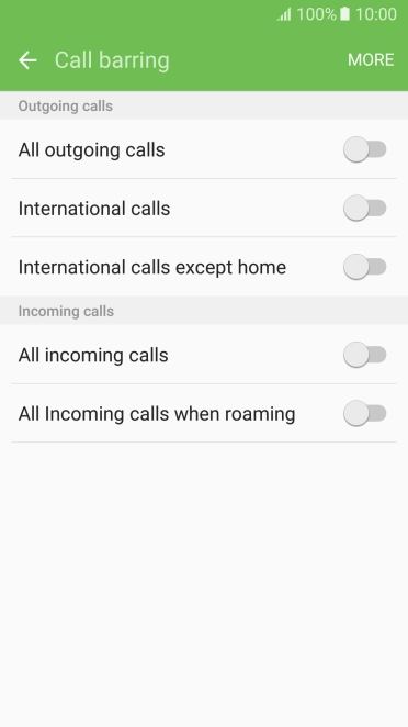 Press the indicator next to the required barring type.