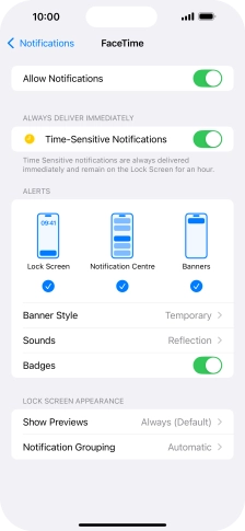 Press the indicator next to 'Allow Notifications' to turn notifications for the selected application on or off.