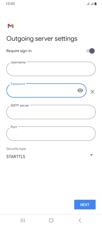 Press the field below 'SMTP server' and key in the name of your email provider's outgoing server. Press the field below 'SMTP server' and key in the name of your email provider's outgoing server.