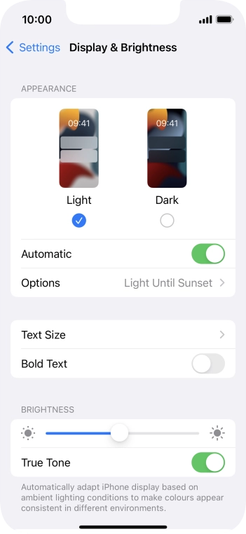 If you turn on the function, press Options and follow the instructions on the screen to select the required period of time for Dark Mode.