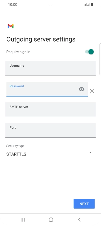 Press the field below 'SMTP server' and key in the name of your email provider's outgoing server. Press the field below 'SMTP server' and key in the name of your email provider's outgoing server.