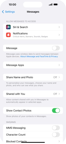 Press the indicator next to 'iMessage' to turn on the function.