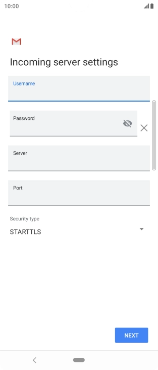 Press the field below 'Server' and key in the name of your email provider's incoming server. Press the field below 'Server' and key in the name of your email provider's incoming server.