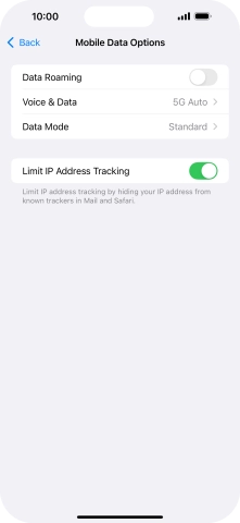 Press the indicator next to 'Data Roaming' to turn the function on or off.