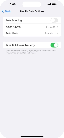 Press the indicator next to 'Data Roaming' to turn the function on or off.