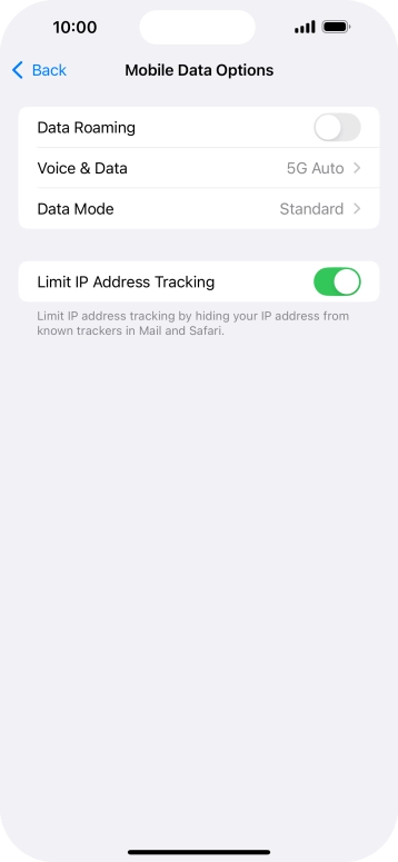 Press the indicator next to 'Data Roaming' to turn the function on or off.