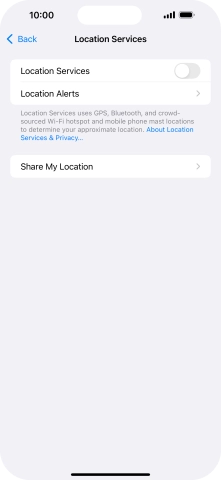 Press the indicator next to 'Location Services' to turn the function on or off.