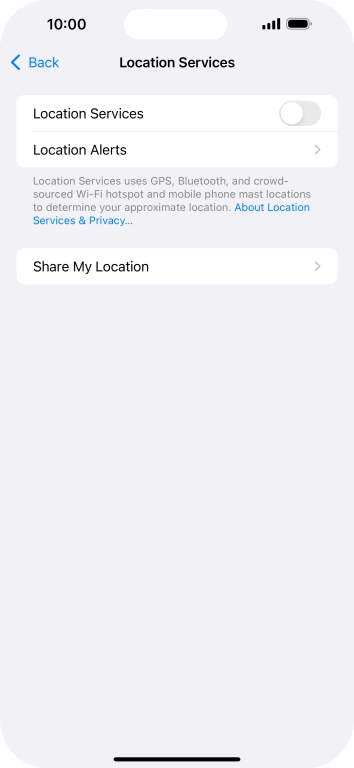 Press the indicator next to 'Location Services' to turn the function on or off.