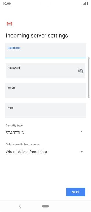 Press the field below 'Server' and key in the name of your email provider's incoming server. Press the field below 'Server' and key in the name of your email provider's incoming server.