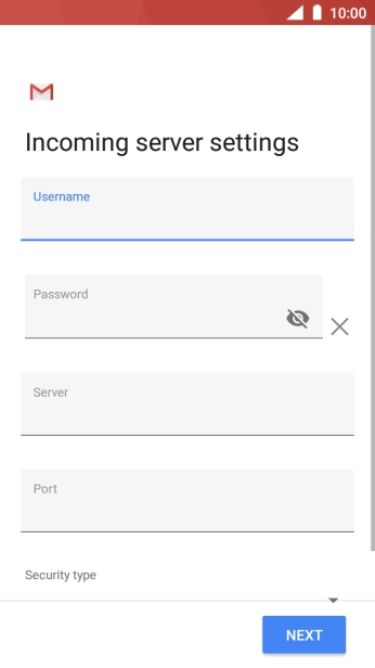 Press the field below 'Server' and key in the name of your email provider's incoming server. Press the field below 'Server' and key in the name of your email provider's incoming server.