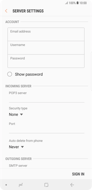 Press the field below 'Username' and key in the username for your email account. Press the field below 'Username' and key in the username for your email account.