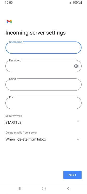 Press the field below 'Server' and key in the name of your email provider's incoming server. Press the field below 'Server' and key in the name of your email provider's incoming server.