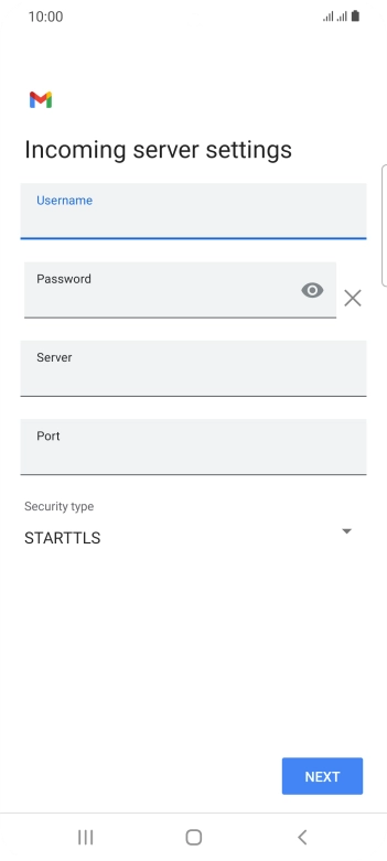 Press the field below 'Server' and key in the name of your email provider's incoming server. Press the field below 'Server' and key in the name of your email provider's incoming server.