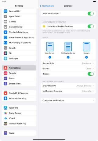 Press the indicator next to 'Allow Notifications' to turn notifications for the selected application on or off.