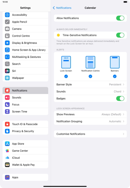 Press the indicator next to 'Allow Notifications' to turn notifications for the selected application on or off. Press the indicator next to 'Allow Notifications' to turn notifications for the selected application on or off.