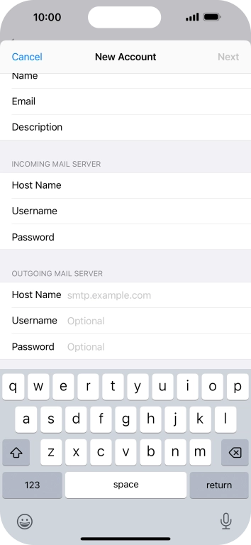 Press Host Name and key in the name of your email provider's outgoing server. Press Host Name and key in the name of your email provider's outgoing server.
