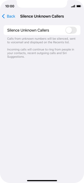 Press the indicator next to 'Silence Unknown Callers' to turn the function on or off. Press the indicator next to 'Silence Unknown Callers' to turn the function on or off.