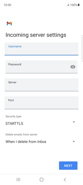 Press the field below 'Server' and key in the name of your email provider's incoming server. Press the field below 'Server' and key in the name of your email provider's incoming server.