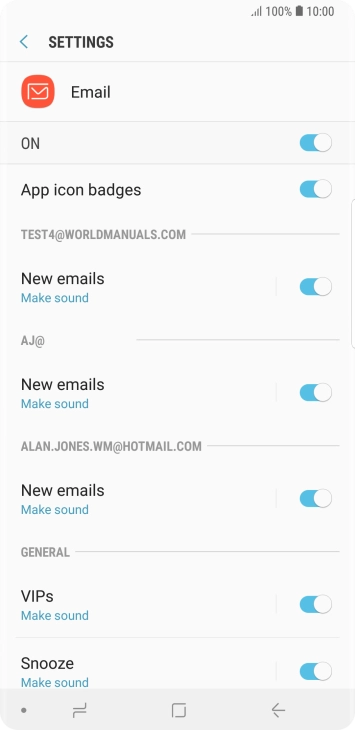 Press the indicator next to the required email account to turn the function on or off. Press the indicator next to the required email account to turn the function on or off.