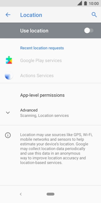 Press the indicator next to 'Use location' to turn the function on or off. Press the indicator next to 'Use location' to turn the function on or off.