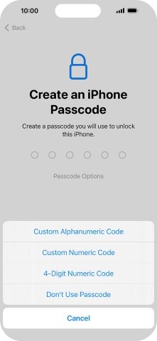 Follow the instructions on the screen to turn on the phone lock code or press Don't Use Passcode.