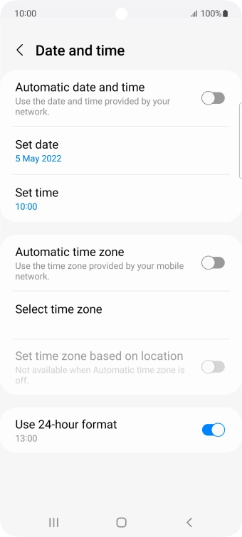 Press the indicator next to 'Automatic date and time' to turn on the function.