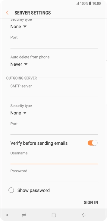 Press the field below 'Password' and key in the password of your email provider's outgoing server. Press the field below 'Password' and key in the password of your email provider's outgoing server.