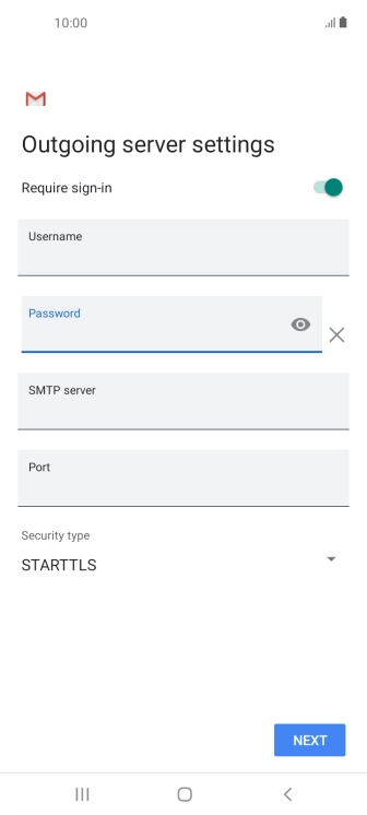 Press the field below 'SMTP server' and key in the name of your email provider's outgoing server. Press the field below 'SMTP server' and key in the name of your email provider's outgoing server.